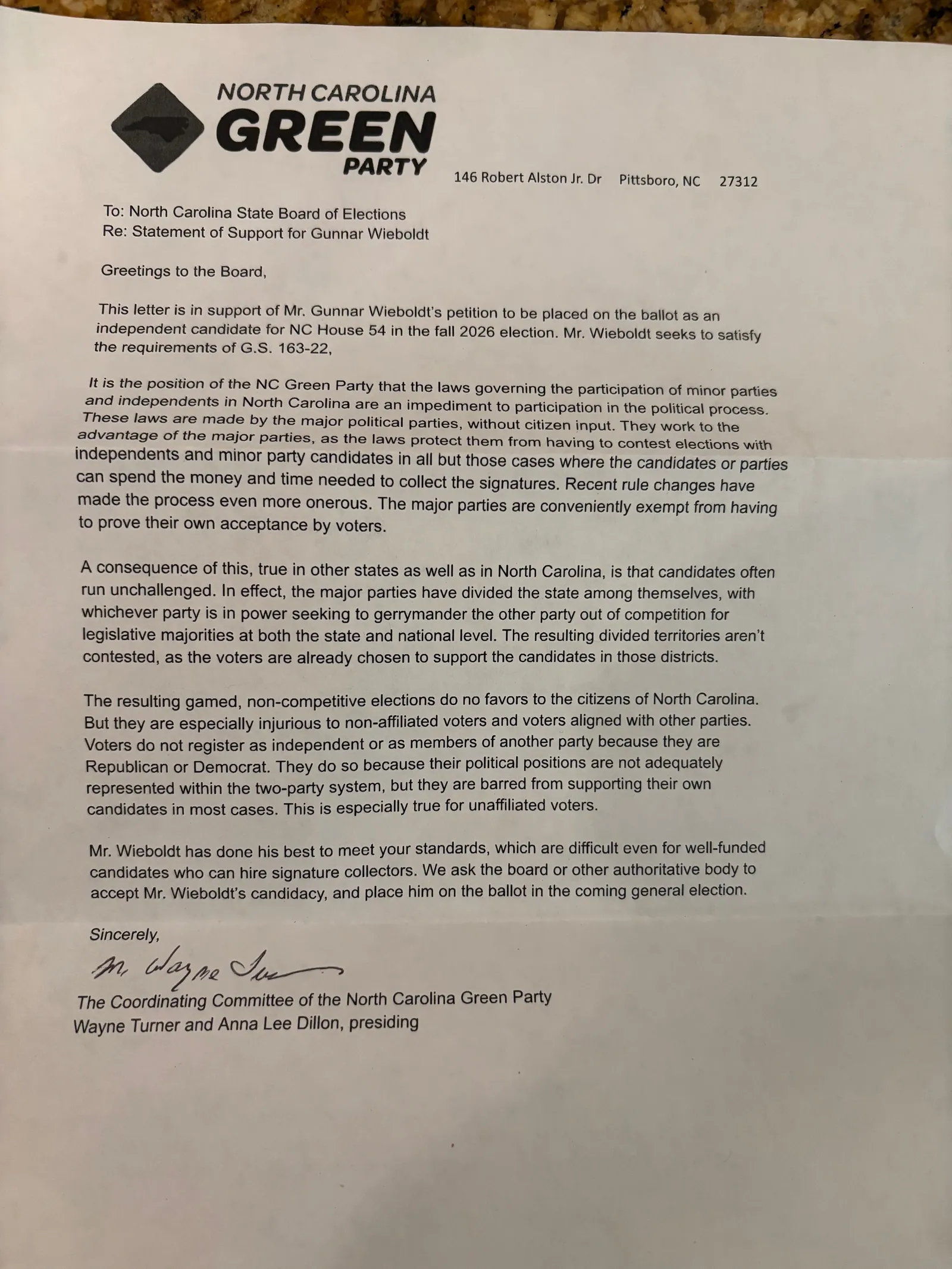 Original scan: Statement of Support — North Carolina Green Party
